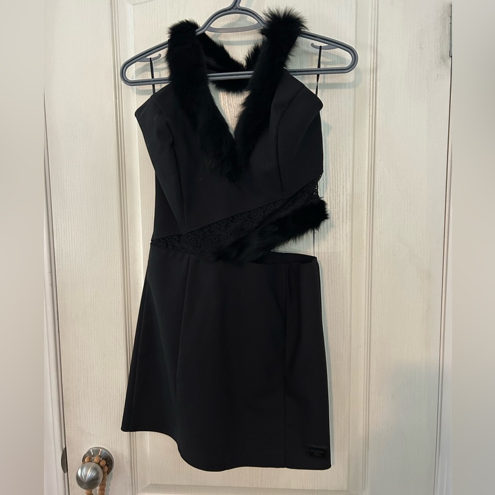 Philipp Plein Black Asymmetrical Dress with Faux Fur Trim